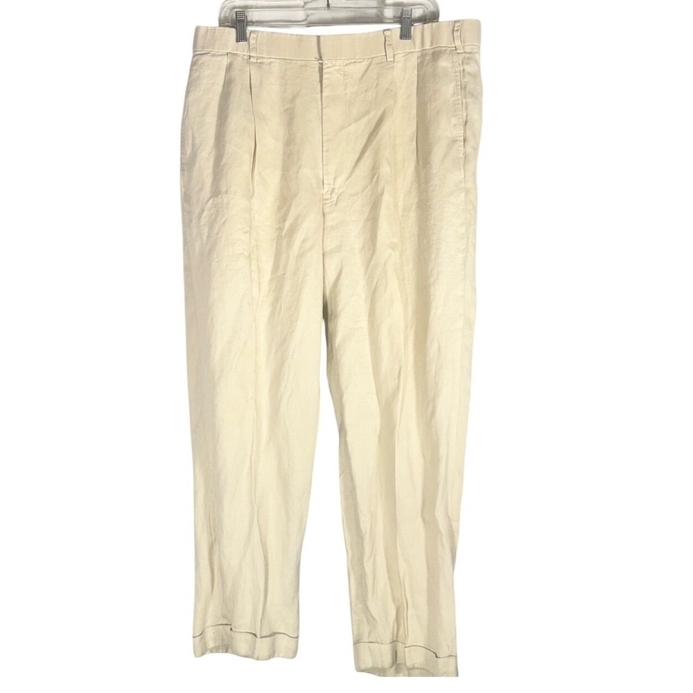 Granger Owings Men's Cream Linen 38W x 29L Pants pleats cuffed